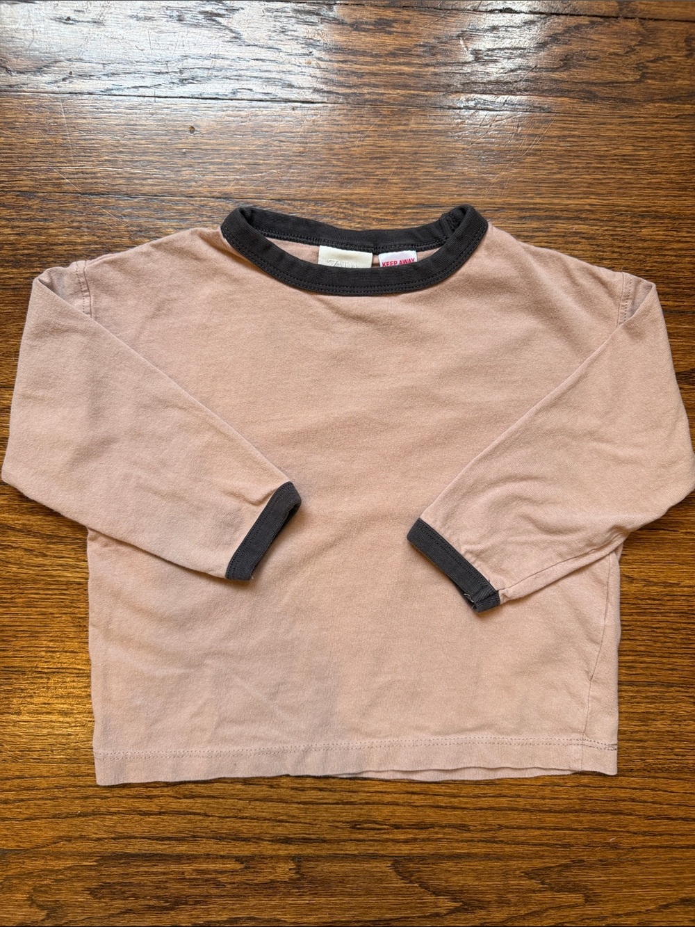Zara Kids Dusty Pink & Charcoal Brown Contrast Ringer Long Sleeve Tee